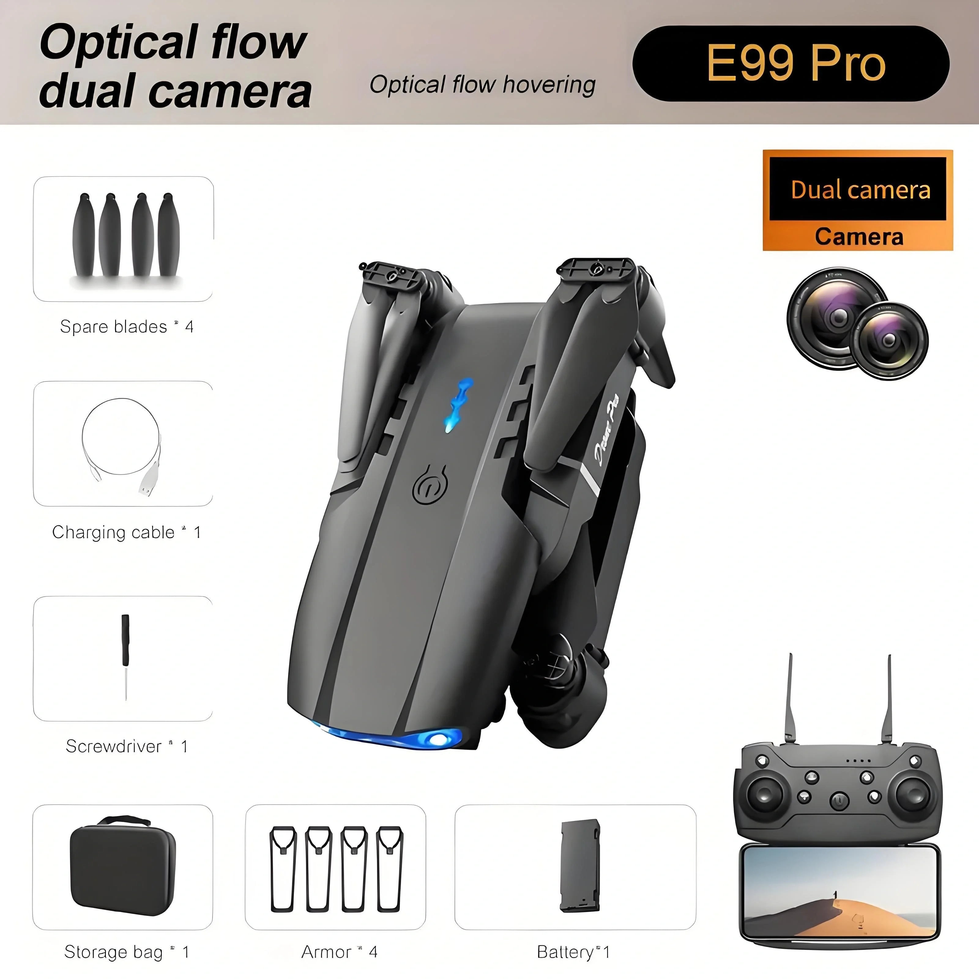 2025 E99 PRO RC Drone, HD Dual Camera FPV WiFi, Foldable